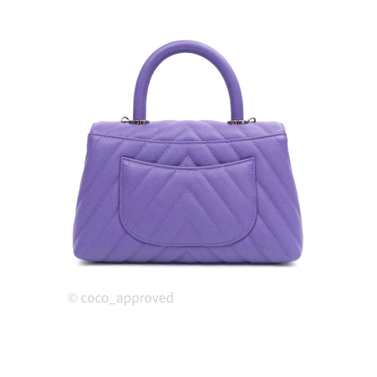 Chanel Mini Coco Handle Chevron Purple Caviar Quilted Dark Silver Hardware