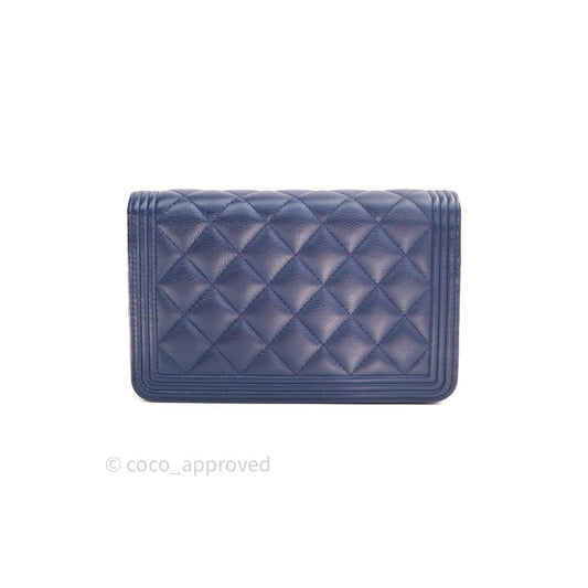 Chanel Quilted Boy Wallet on Chain WOC Blue Grained Calfskin Ruthenium Hardware