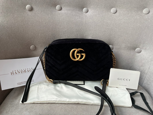 Luxury Gucci GG Black Velvet Marmont Small Shoulder Bag