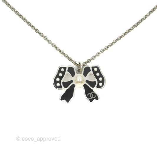 Chanel CC Pearl Bow Necklace Black Silver Hardware 18P