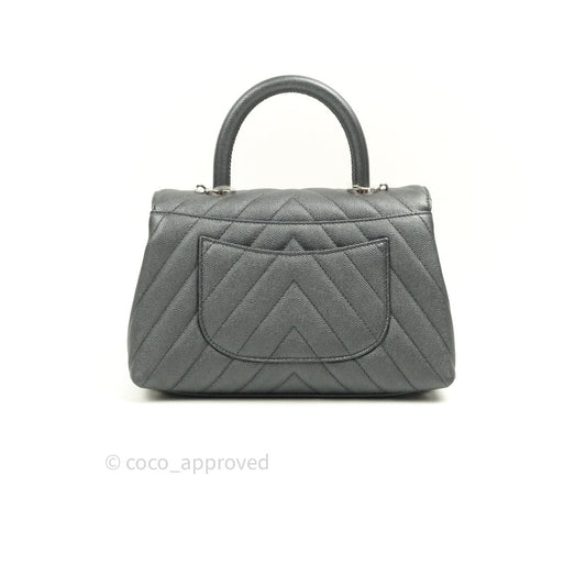 Chanel Coco Handle Chevron Mini Dark Grey Caviar Quilted Dark Silver Hardware