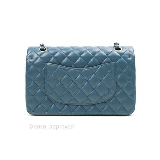 Chanel Classic M/L Lambskin Medium Double Flap Teal Blue Silver Hardware