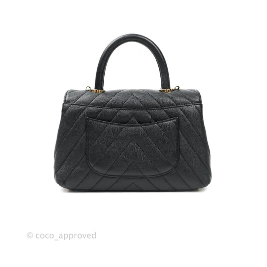 Chanel Mini Coco Handle Chevron Black Caviar Gold Hardware