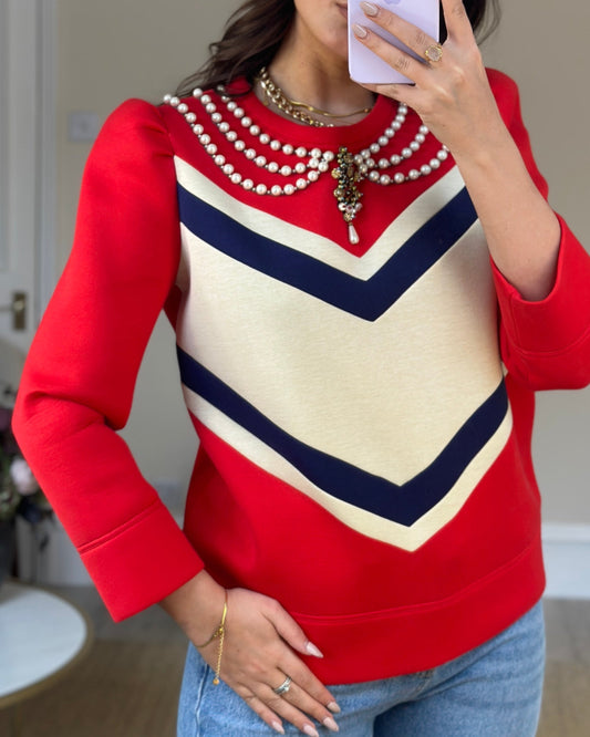 Luxury Gucci Red, Navy and Cream Jumper with Embellished Pearl Collar Detail Size L (UK 12-14)