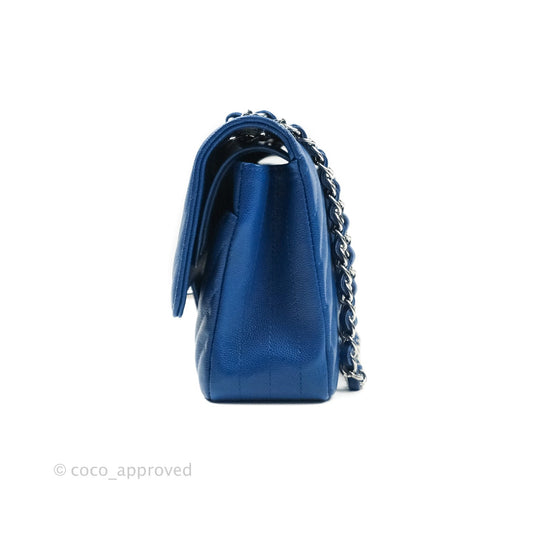 Chanel Classic Chevron M/L Medium Double Flap Blue Caviar Silver Hardware
