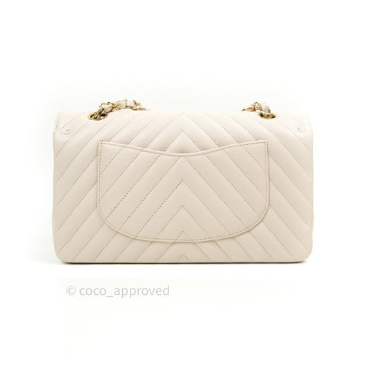 Chanel Classic M/L Medium Double Flap Chevron Ivory Caviar Gold Hardware