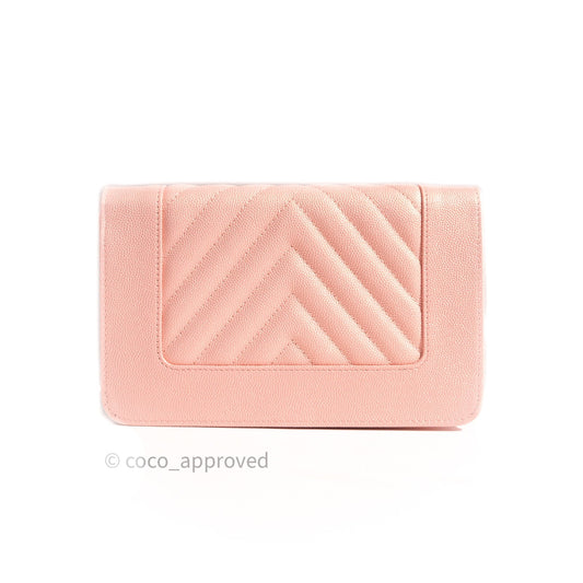 Chanel Chevron Wallet on Chain WOC Rose Gold Caviar Silver Hardware 19P