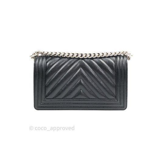 Chanel Boy Chevron Medium Black Caviar Silver Hardware