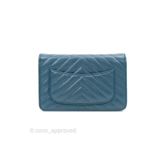 Chanel Chevron Wallet on Chain WOC Blue Caviar Silver Hardware