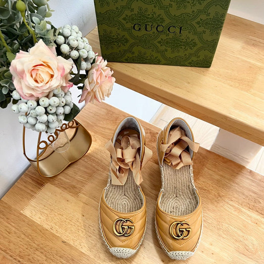 Luxury Gucci GG Crochet platform Espadrilles Blush Amber Yellow