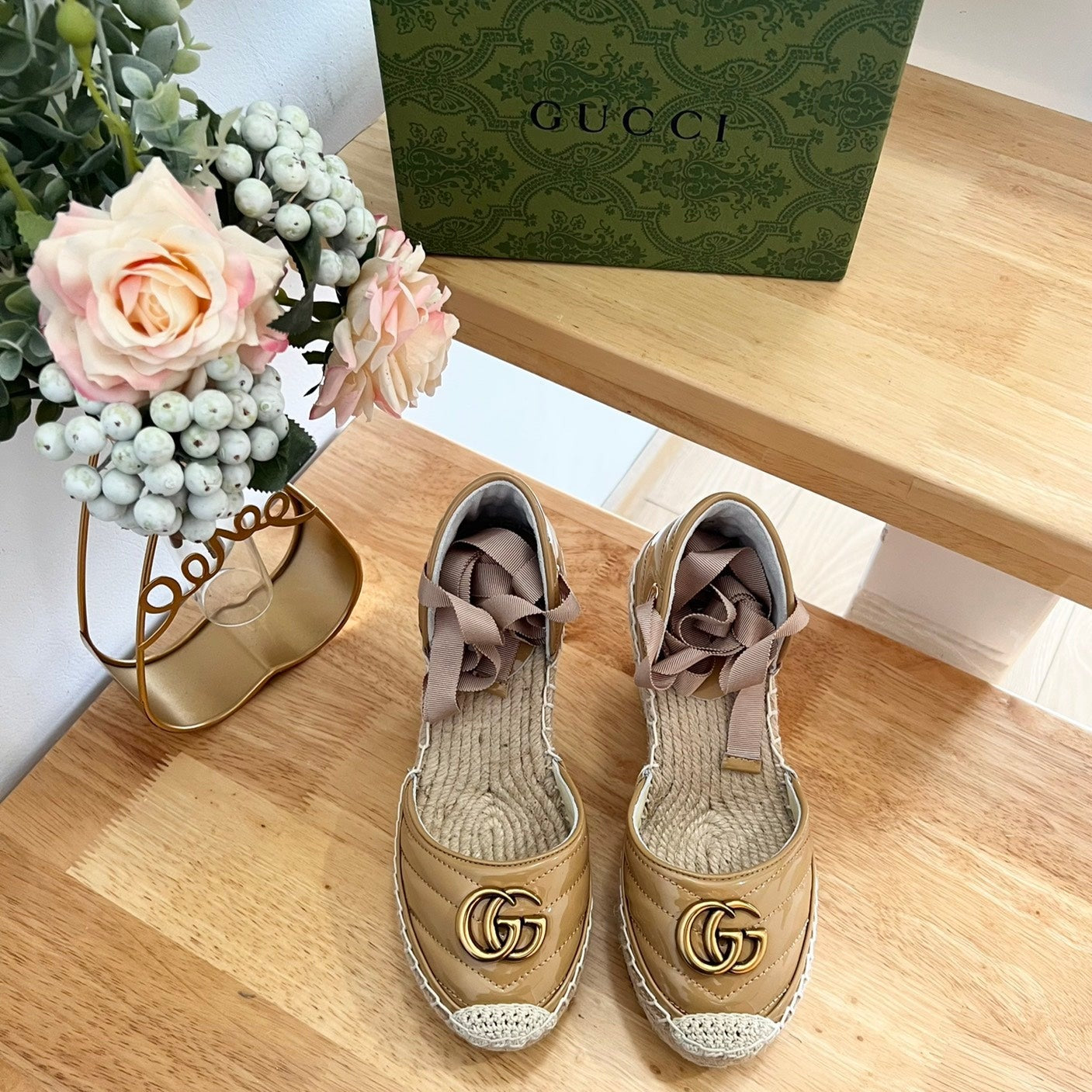 Luxury Gucci GG Crochet platform Espadrilles Saddle Brown
