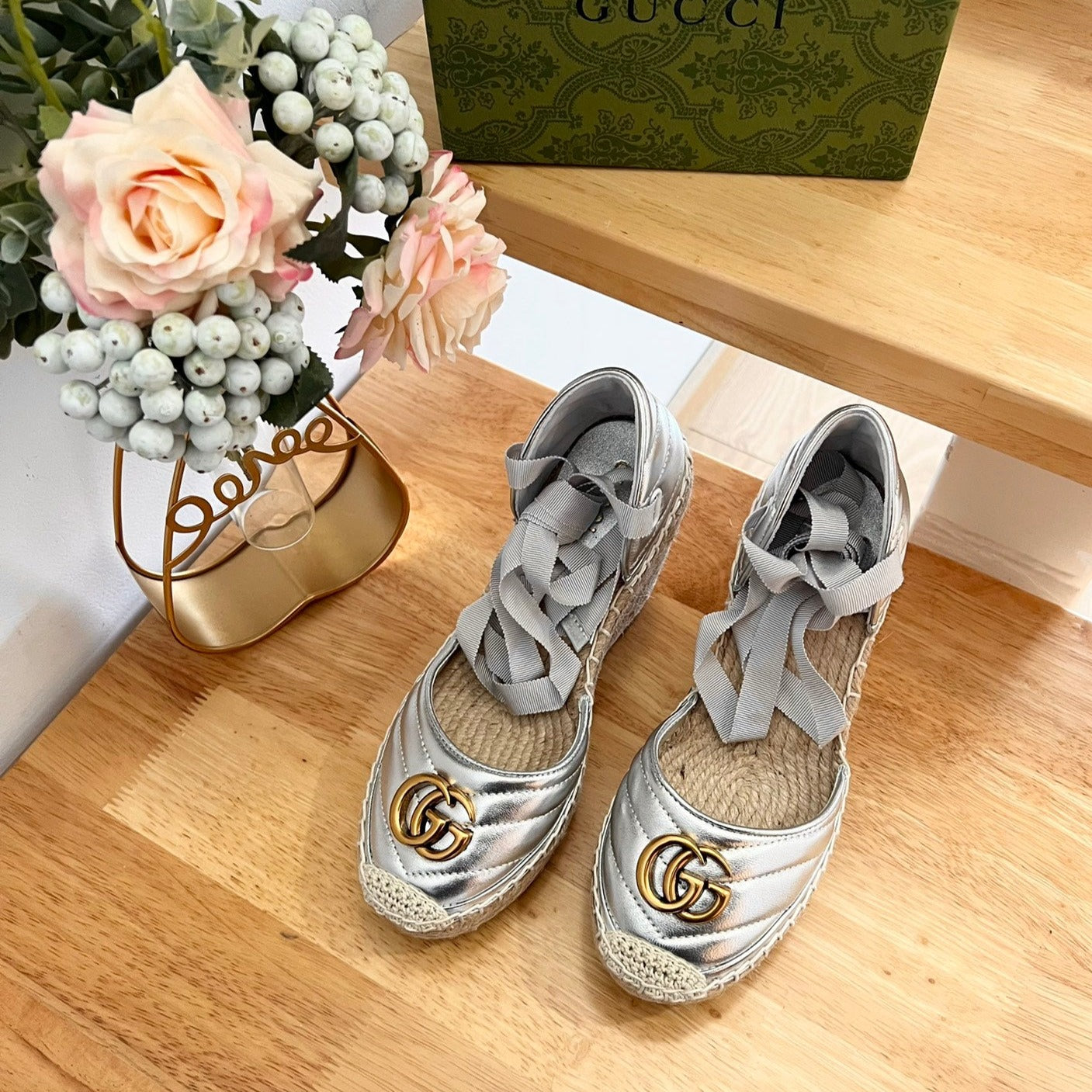 Luxury Gucci GG Crochet platform Espadrilles Silver