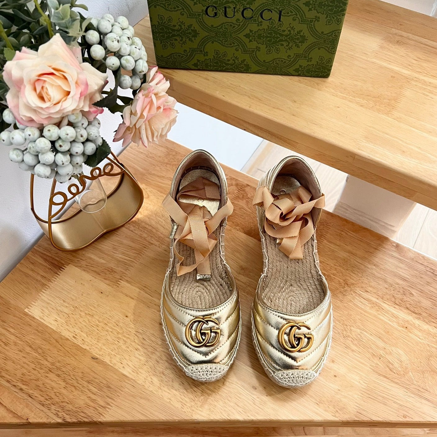 Luxury Gucci GG Crochet platform Espadrilles Rose Tan Leather
