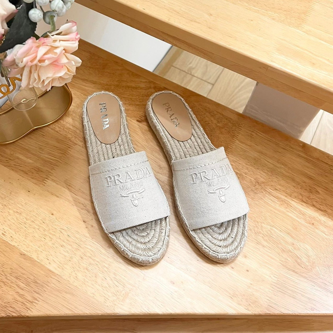 Luxury PradaCROCHET SLIPPERS CREAMY WHITE LINEN FABRIC
