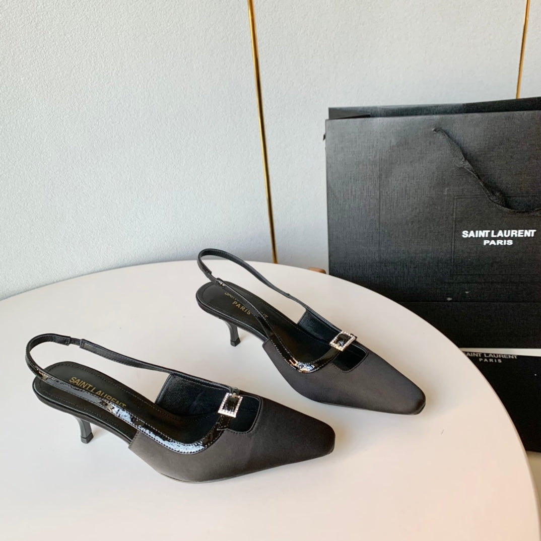 Luxury Saint Laurent SL BLADE SLINGBACK BLACK SATIN