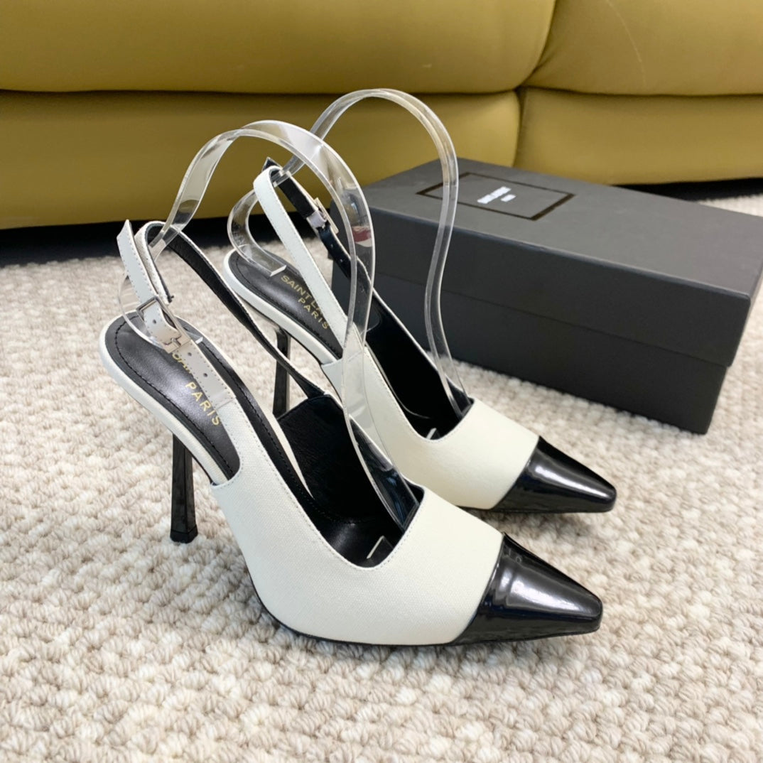 Luxury Saint Laurent SL CAP-TOE SLINGBACKS WHITE CANVAS AND BLACK CALFSKIN