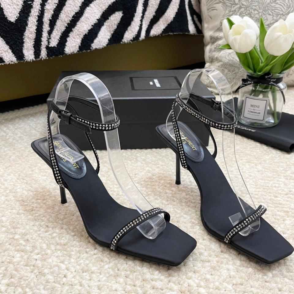 Luxury Saint Laurent SL GEORGIA WHITE CRYSTAL SANDALS PUMP BLACK SATIN
