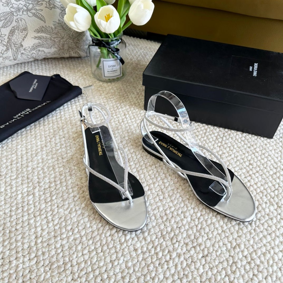 Luxury Saint Laurent SL CRYSTAL FLAT SANDALS SILVER CALFSKIN