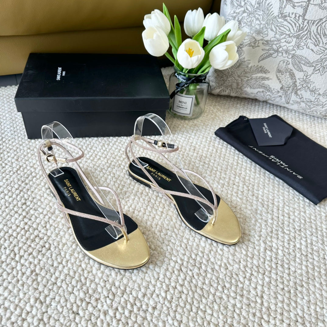Luxury Saint Laurent SL CRYSTAL FLAT SANDALS METALLIC GOLD CALFSKIN