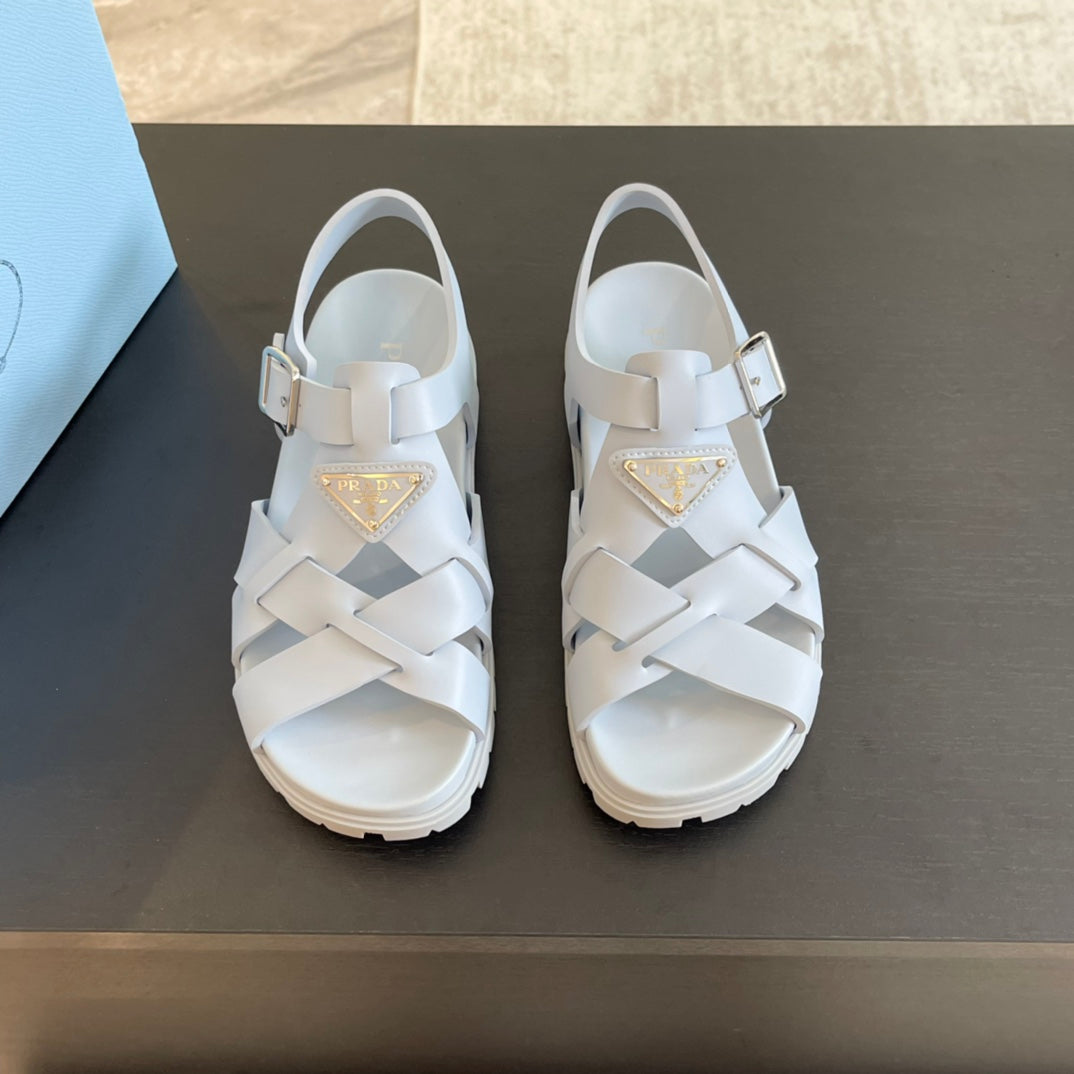 Luxury PradaCRISSCROSS RUBBER SANDALS PASTEL SKY CALFSKIN
