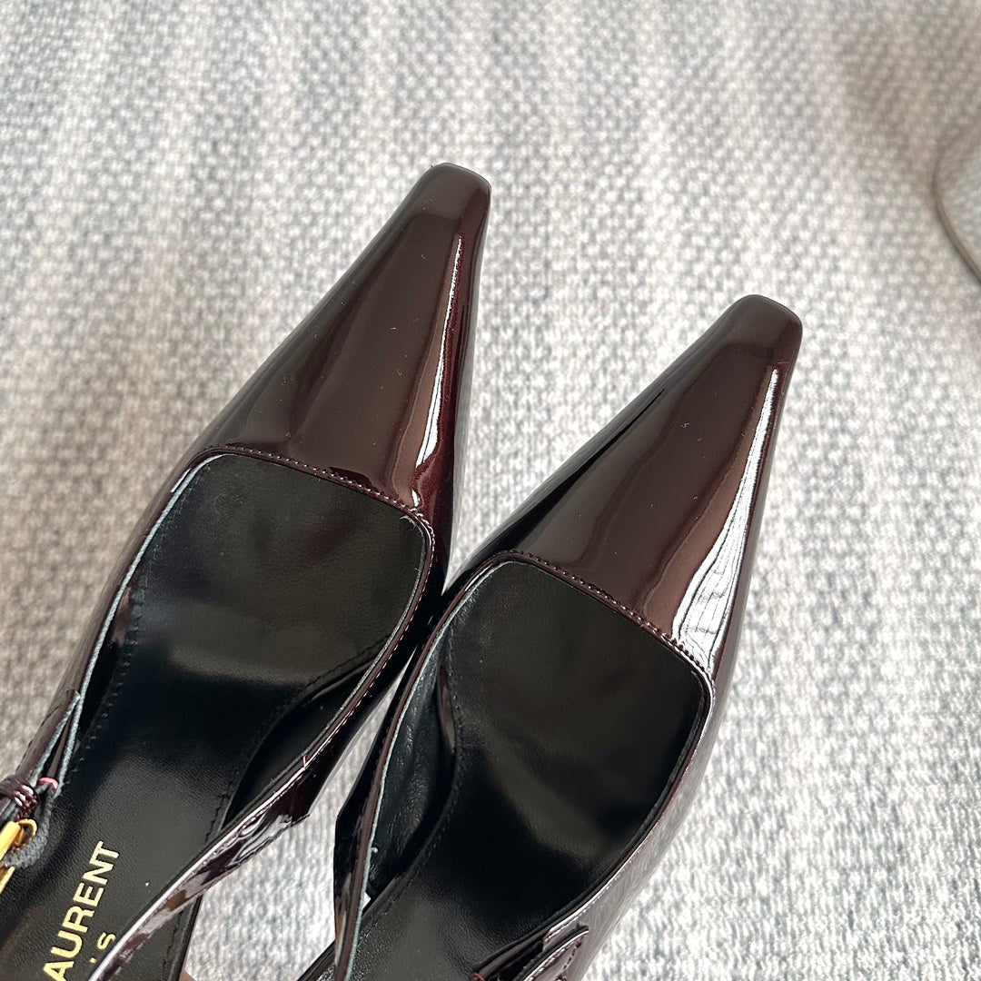 Luxury Saint Laurent LEE SLINGBACK PUMPS 105 IN MAROON PATENT LEATHER GOLD HEEL