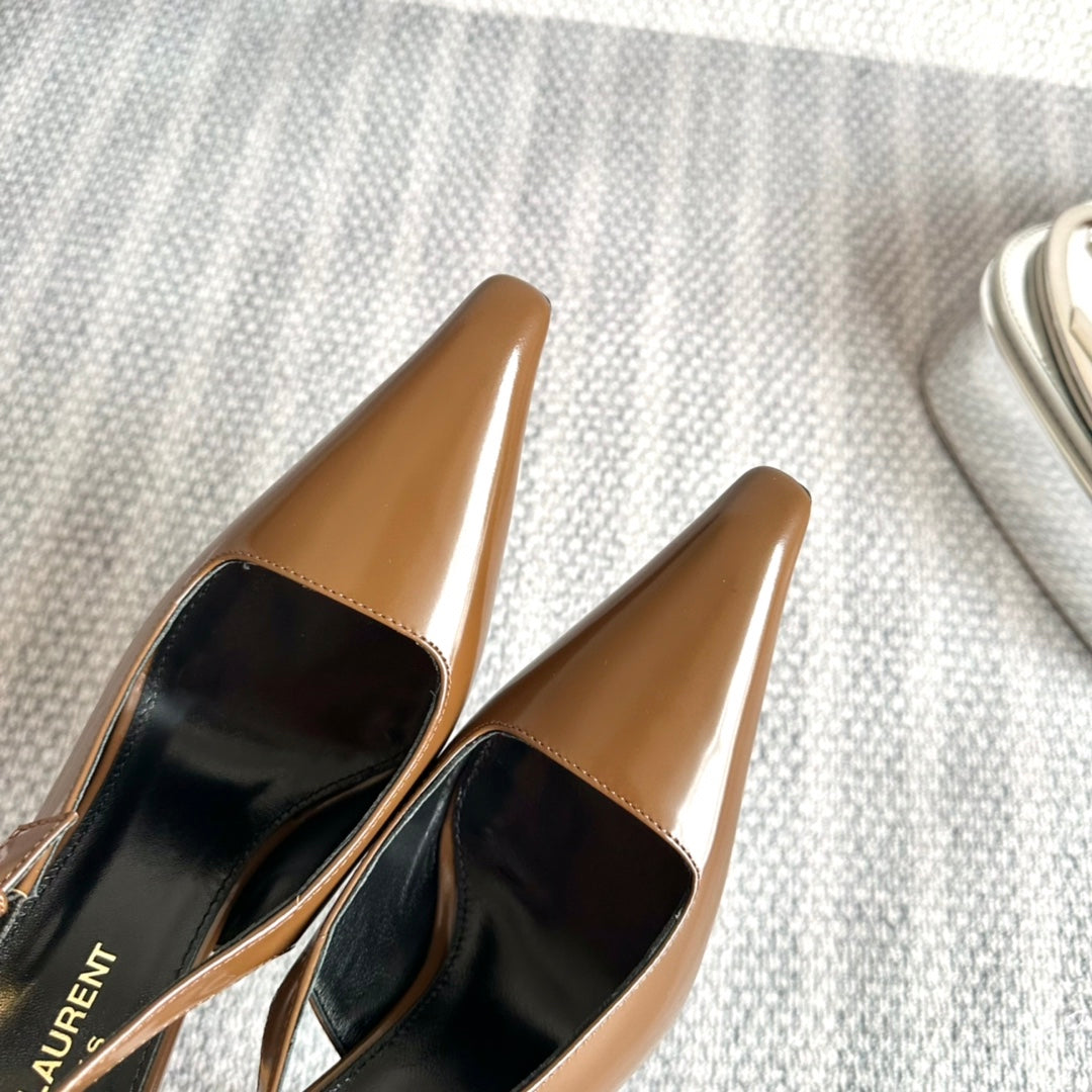 Luxury Saint Laurent LEE SLINGBACK PUMPS 105 IN BROWN PATENT LEATHER GOLD HEEL