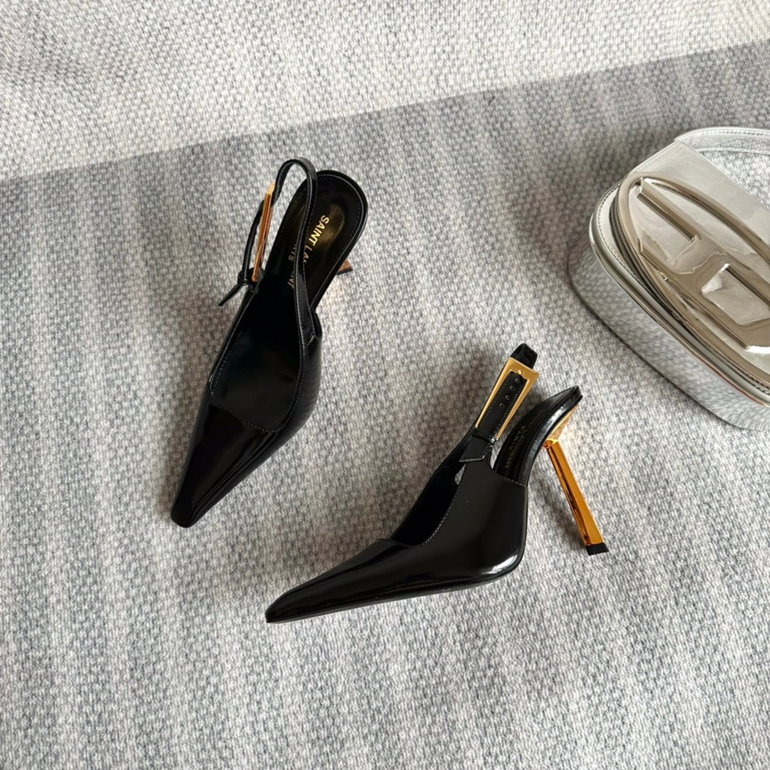 Luxury Saint Laurent LEE SLINGBACK PUMPS 105 IN BLACK PATENT LEATHER GOLD HEEL