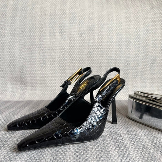 Luxury Saint Laurent LEE SLINGBACK PUMPS 105 IN BLACK CROCODILE-EMBOSSED LEATHER