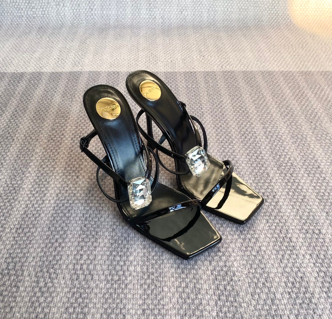 Luxury Saint Laurent HIGH MULES WITH GEM IN BLACK GLOSSY CALFSKIN