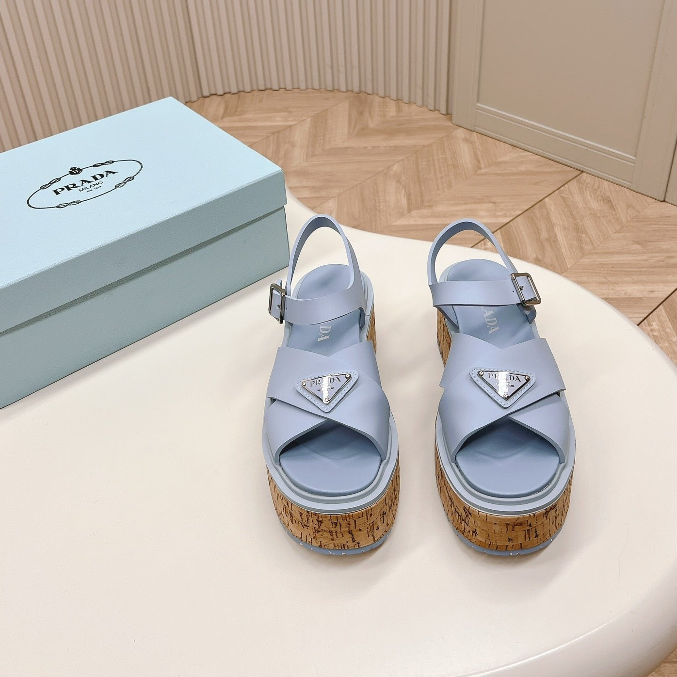 Luxury PradaWEDGE PLATFORM SANDALS SAPPHIRE CALFSKIN
