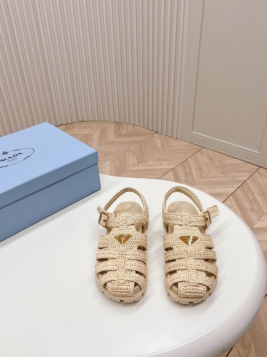 Luxury PradaMonolith Crochet Cage Sandals 30 Beige