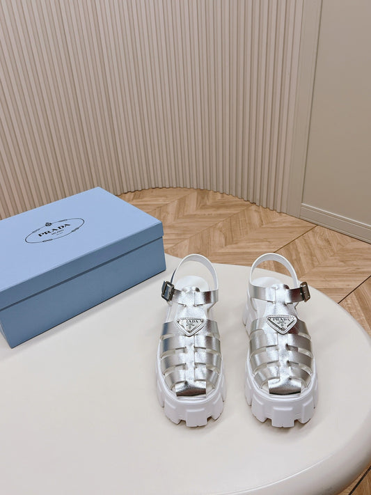 Luxury PradaRubber Monolith Sandals 55 Silver White