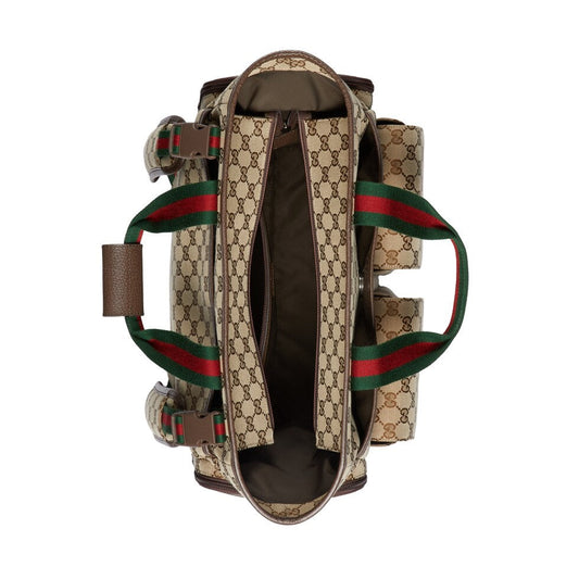 Luxury Gucci DIAPER BAG 40 WITH WEB IN BEIGE AND EBONY CANVAS MIX BROW CALFSKIN