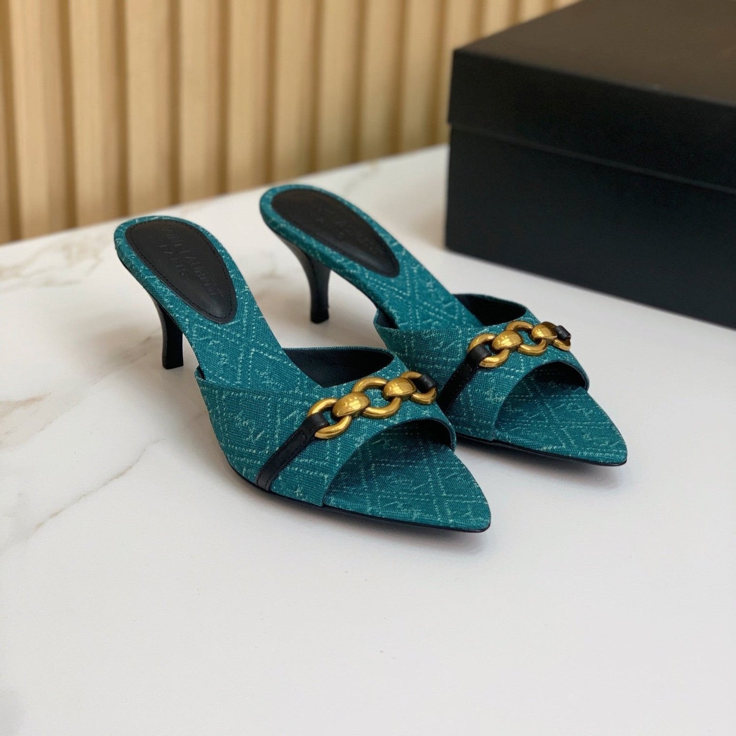 Luxury Saint Laurent SL CHAIN ATTACH HEELED MULES SAPPHIRE DENIM