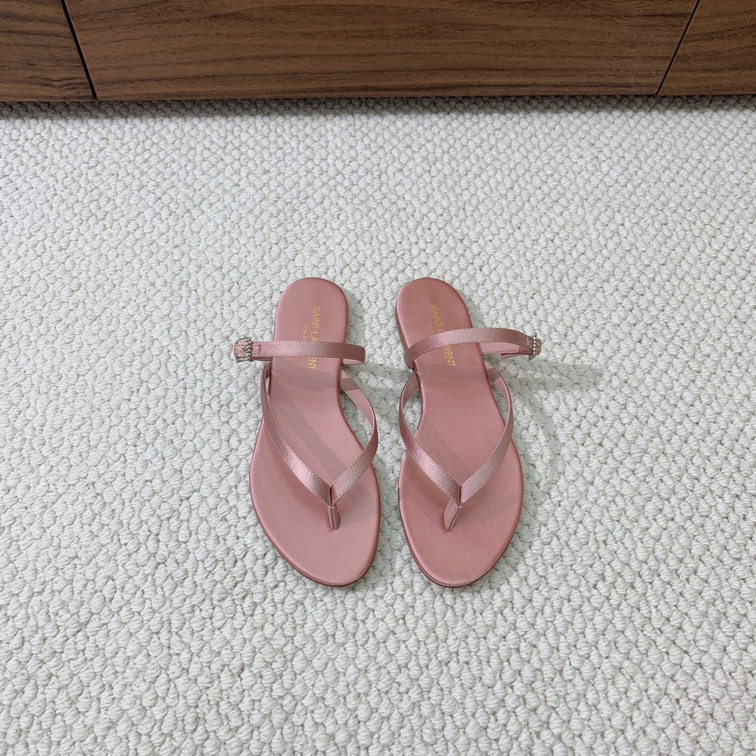Luxury Saint Laurent SL CRYSTAL BUCKLE THONG SANDAL LIGHT PINK SATIN