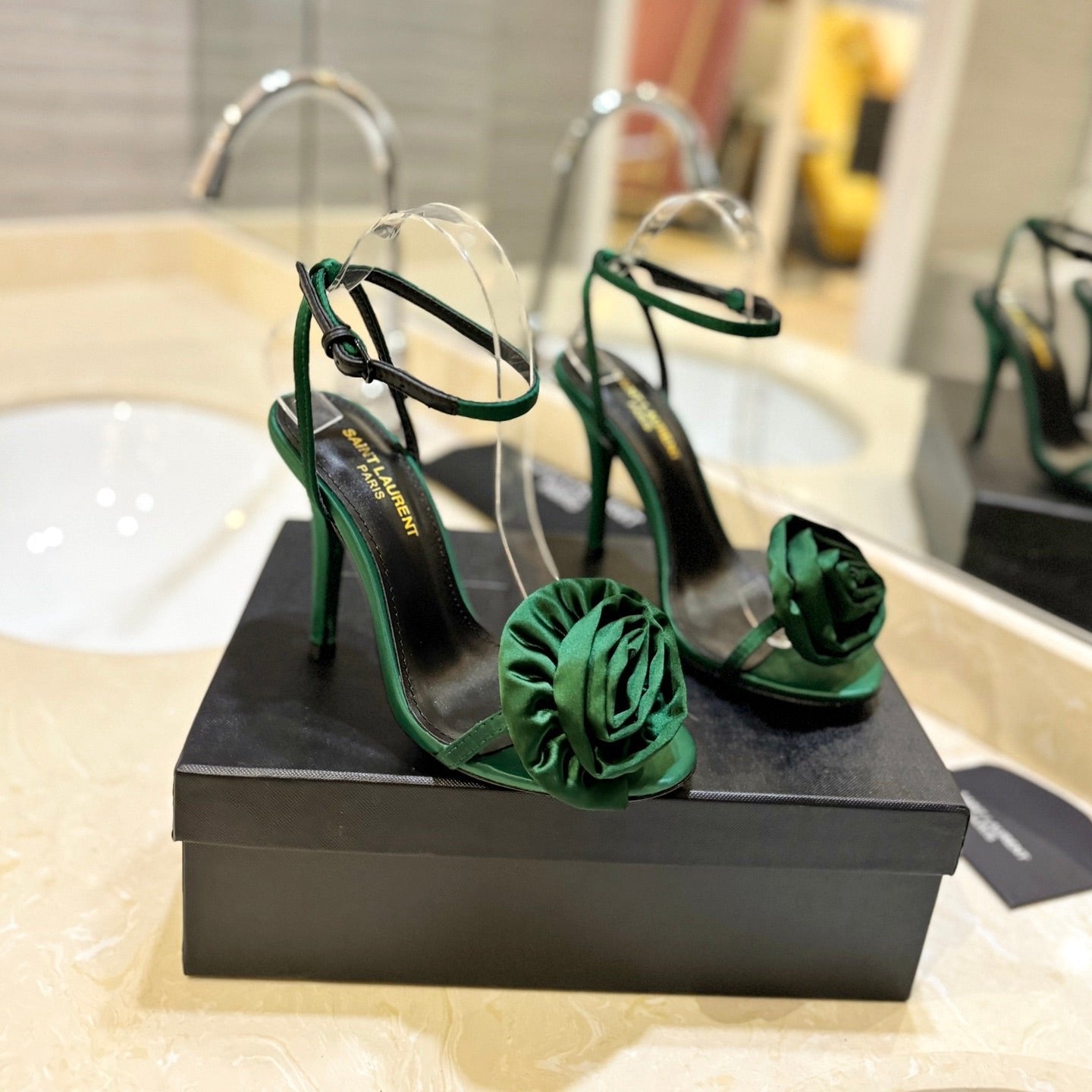 Luxury Saint Laurent SL IVY FLORAL HEEL SANDALS DARK GREEN SATIN