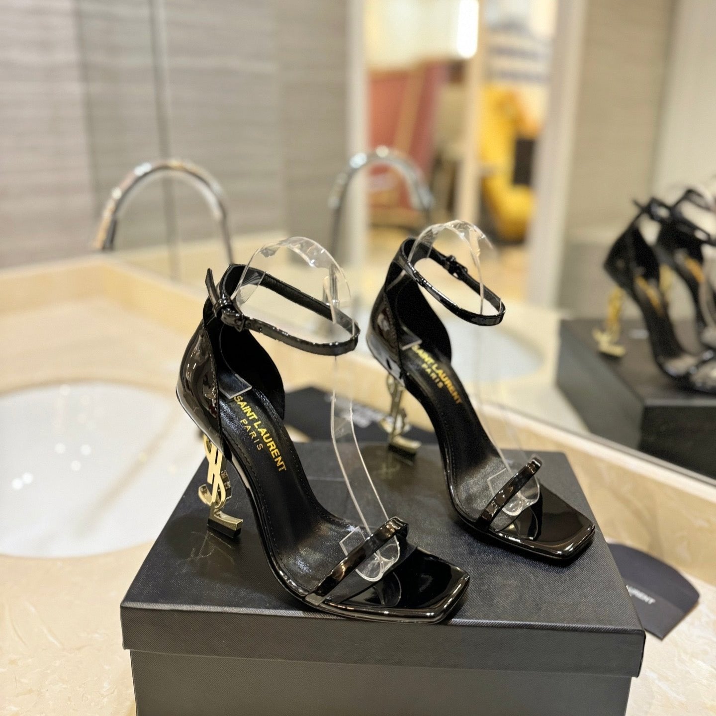 Luxury Saint Laurent SL OPYUM SANDALS 105 BLACK AND GOLD CALFSKIN