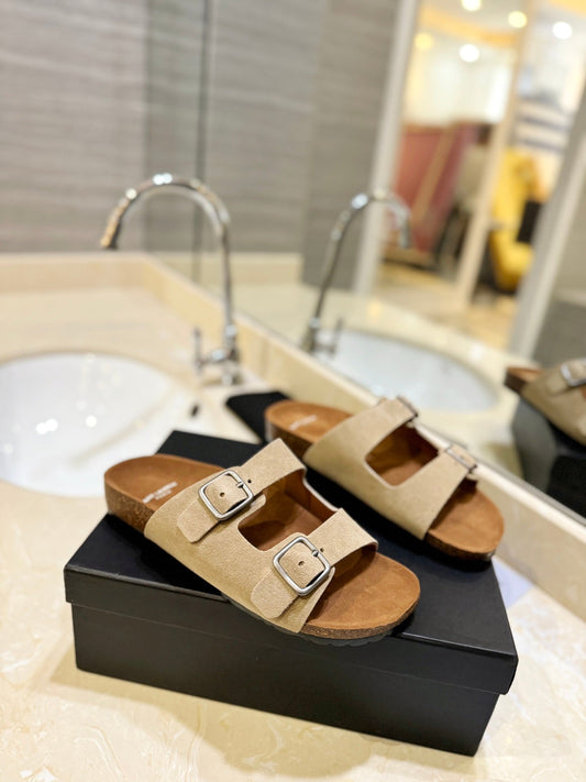 Luxury Saint Laurent SL Flat Sandal Women Brown Beige Seude