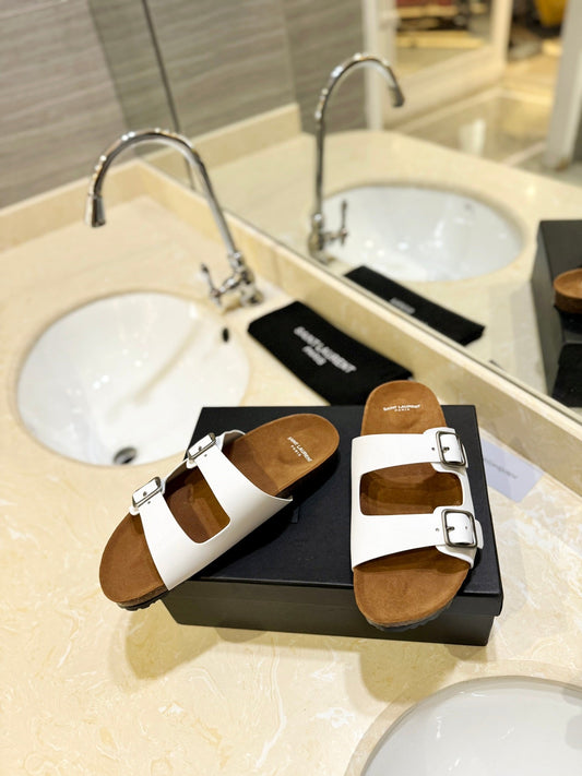 Luxury Saint Laurent SL Flat Sandal Women Brown Seude White Calfskin