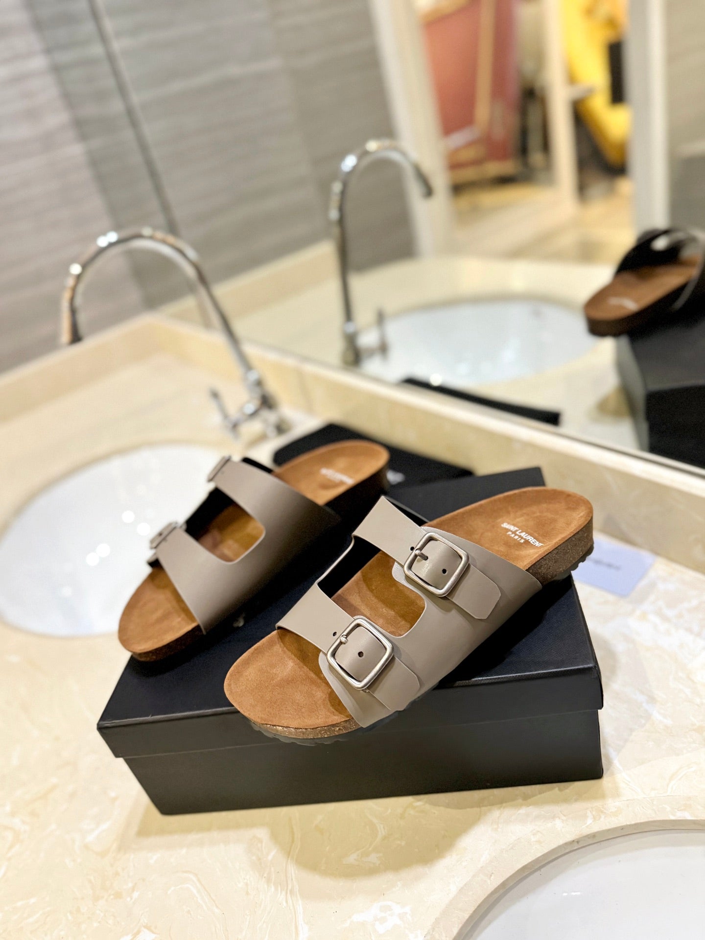 Luxury Saint Laurent SL Flat Sandal Women Brown Seude Grey Calfskin