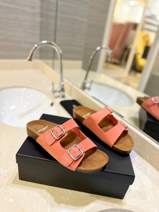Luxury Saint Laurent SL Flat Sandal Women Brown Pink Seude