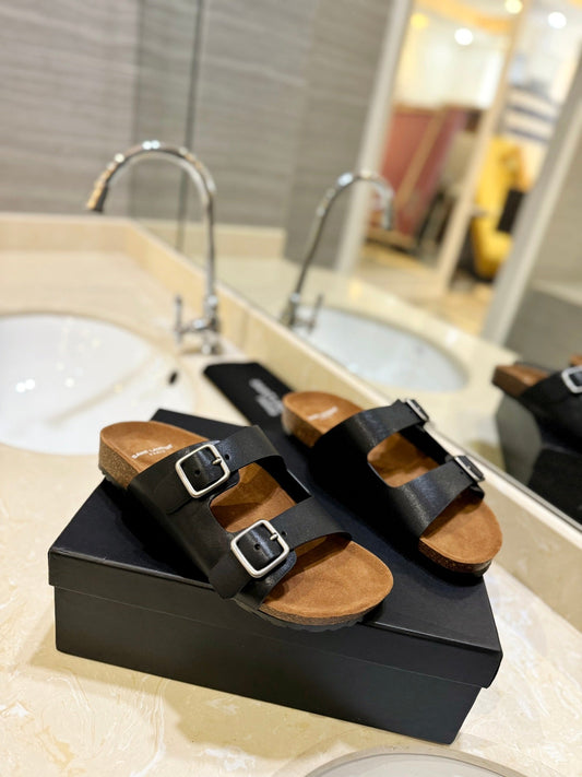 Luxury Saint Laurent SL Flat Sandal Women Brown Seude Black Calfskin