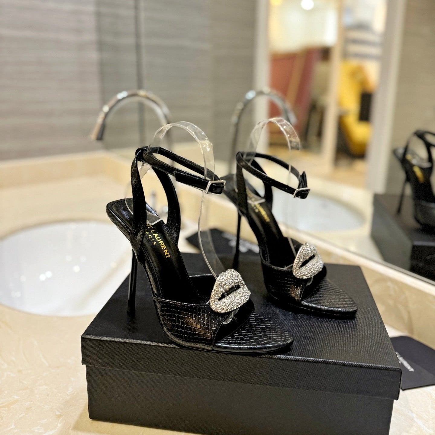 Luxury Saint Laurent SL AYERS SNAKE CRYSTAL SANDAL BLACK CALFSKIN