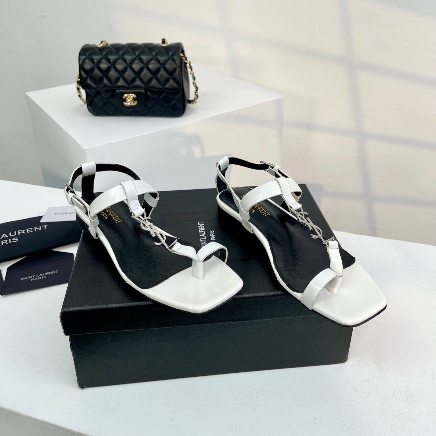 Luxury Saint Laurent SL CASSANDRA ONE SANDAL FLAT WHITE CALFSKIN