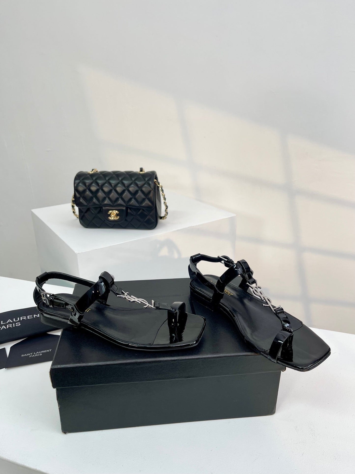 Luxury Saint Laurent SL Cassandra Flat Sandals Black Patent Leather