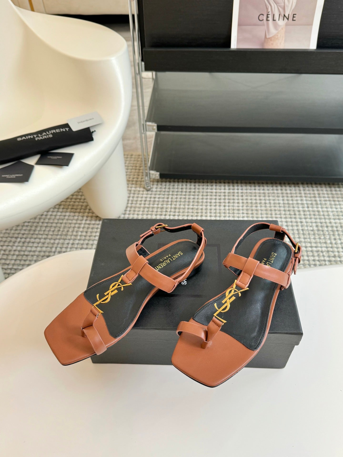 Luxury Saint Laurent SL Cassandra Flat Sandals Black Tan Leather