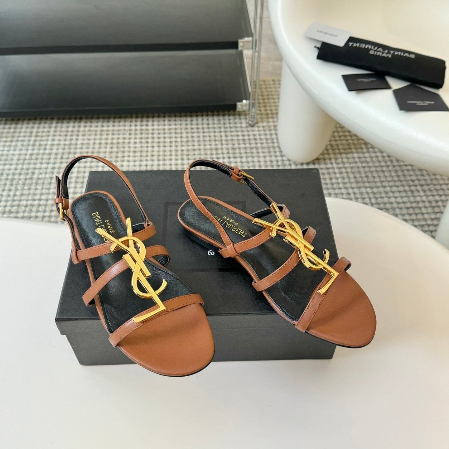 Luxury Saint Laurent SL CASSANDRA TRIPLE SANDAL FLAT CIDER CALFSKIN