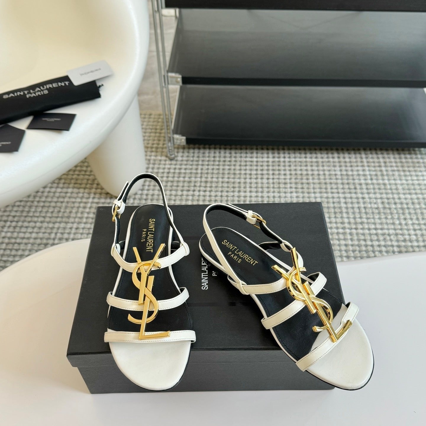 Luxury Saint Laurent SL CASSANDRA TRIPLE SANDAL FLAT WHITE CALFSKIN
