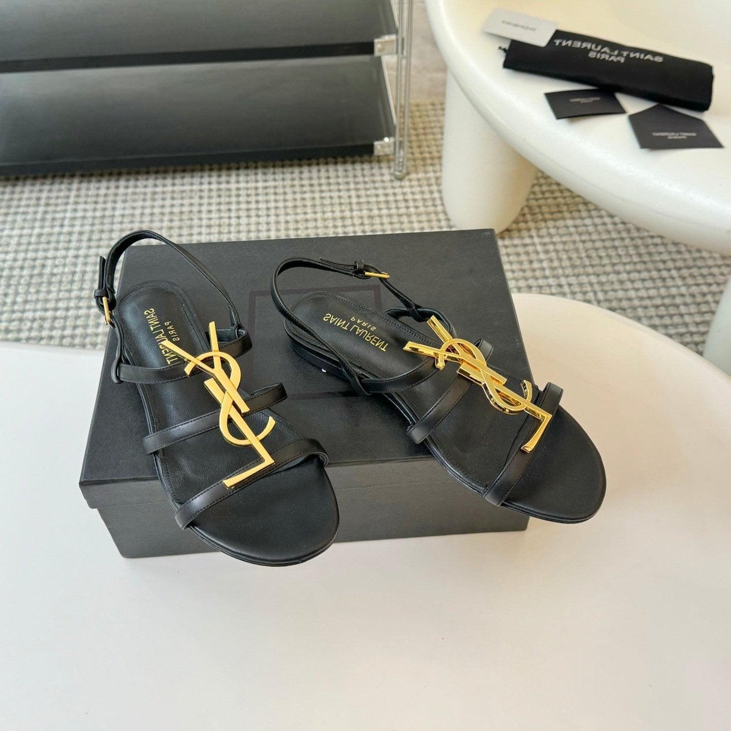 Luxury Saint Laurent SL CASSANDRA TRIPLE SANDAL FLAT BLACK CALFSKIN