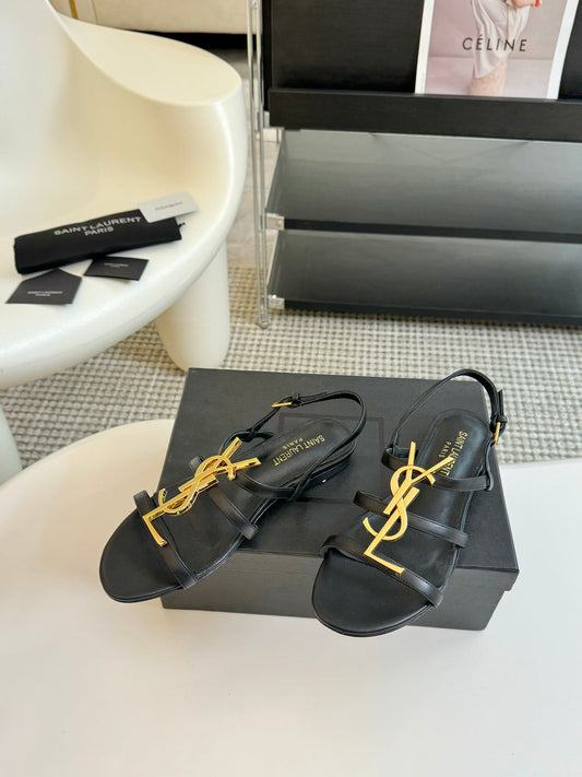 Luxury Saint Laurent Yves SL Buckle Women Sandals Black Leather